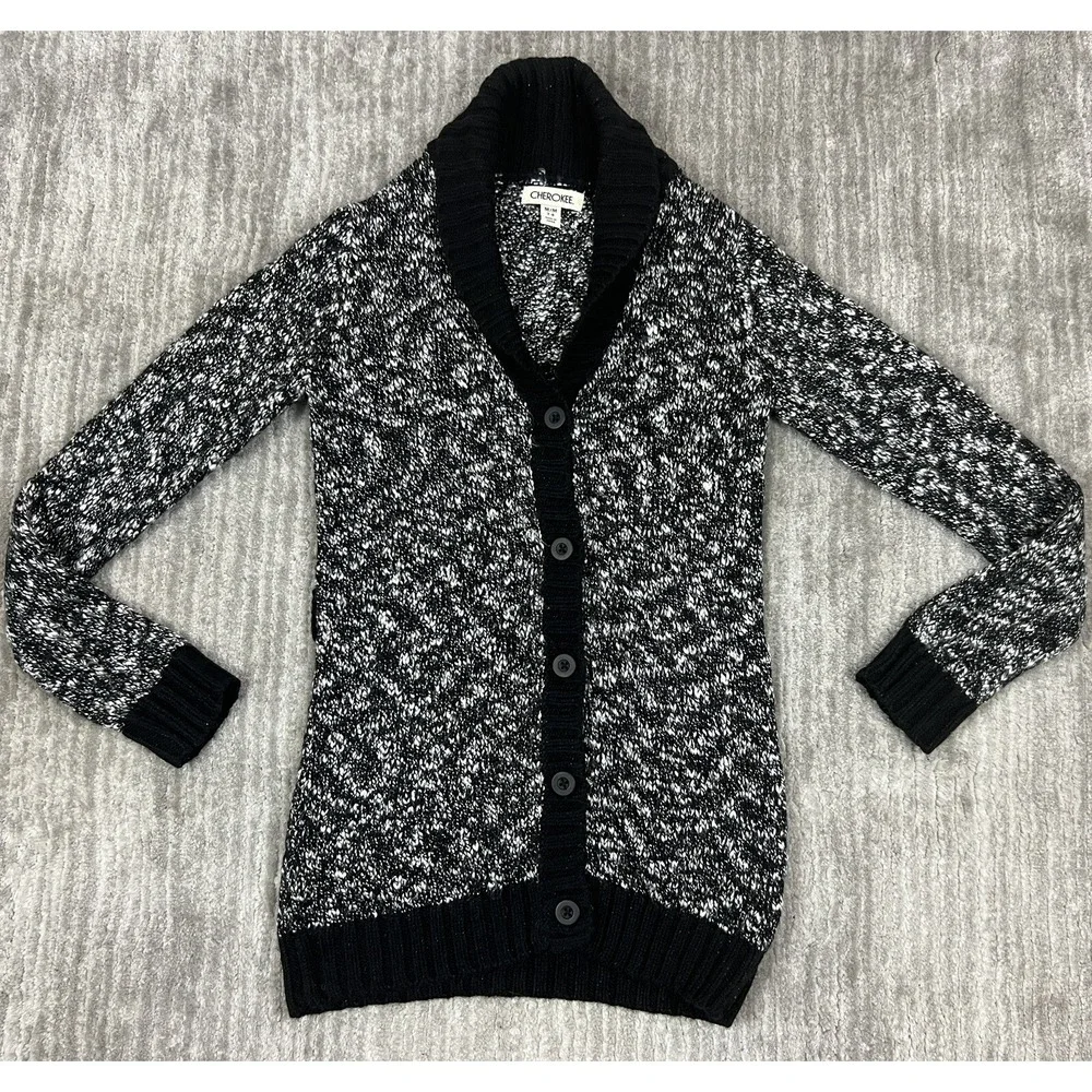 Cherokee Cardigan Sweater Girls M 7-8 Black White Marled Shawl Collar Button Up